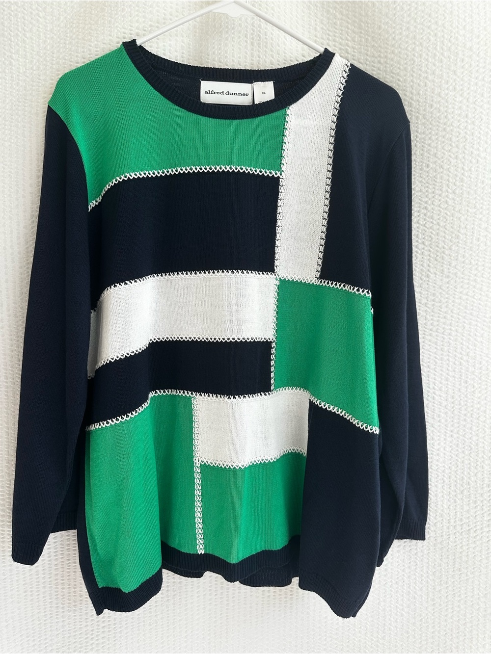 Alfred Dunner Colorblock Lightweight Sweater Green Navy White Patchwork Top XL